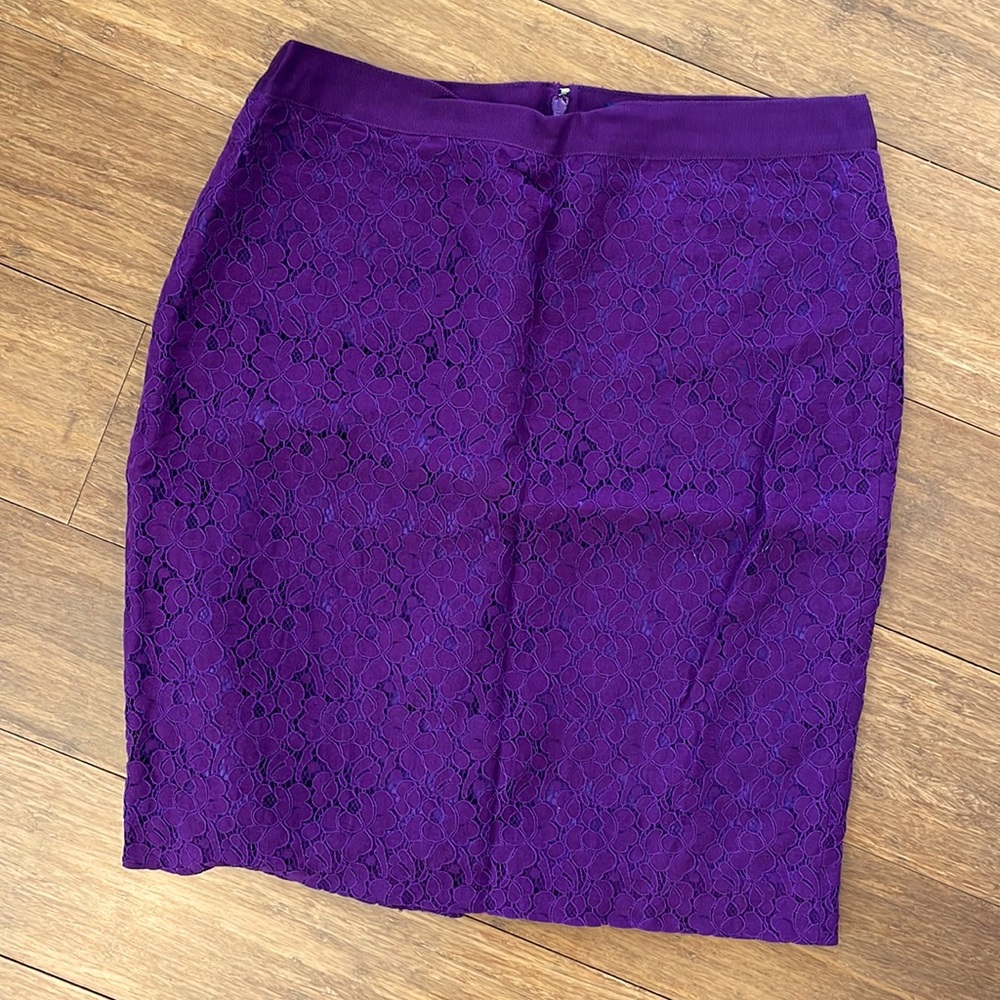 J. Crew “The Pencil Skirt” - Eggplant Purple with Floral Lace